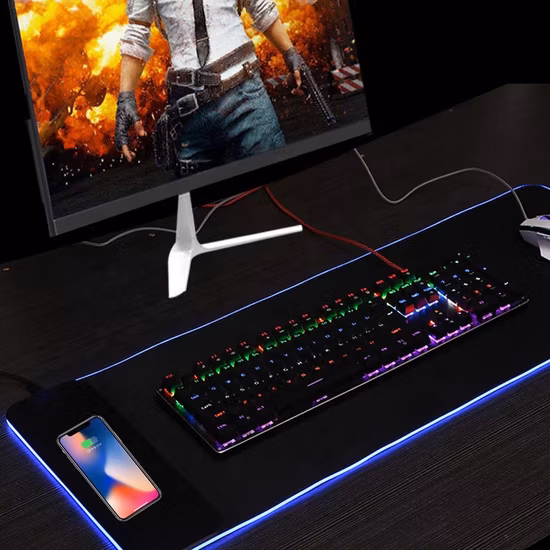 Tapete de teclado de carregamento sem fio rápido personalizado 15W RGB LED Light Gaming Mouse Pad com carregador sem fio Tapete de mesa